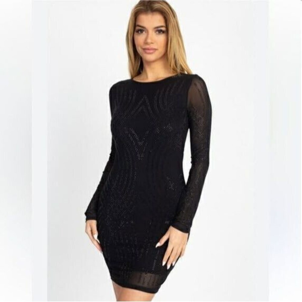 NWT Blāshe Women's size S Black Studded Bodycon Dress Sheer Long Sleeve Fairy